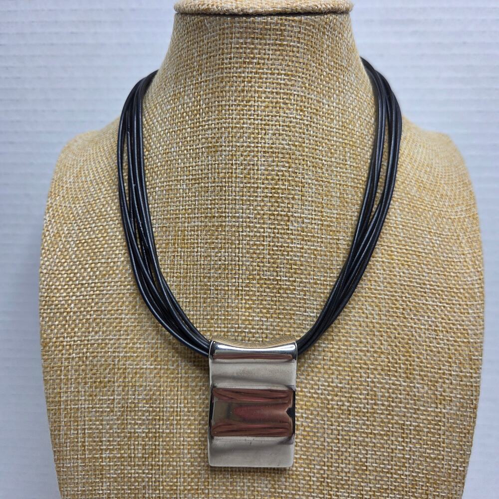 Chunky Boho Silvertone Pendant Leather Multi-strand Choker Necklace Jewelry